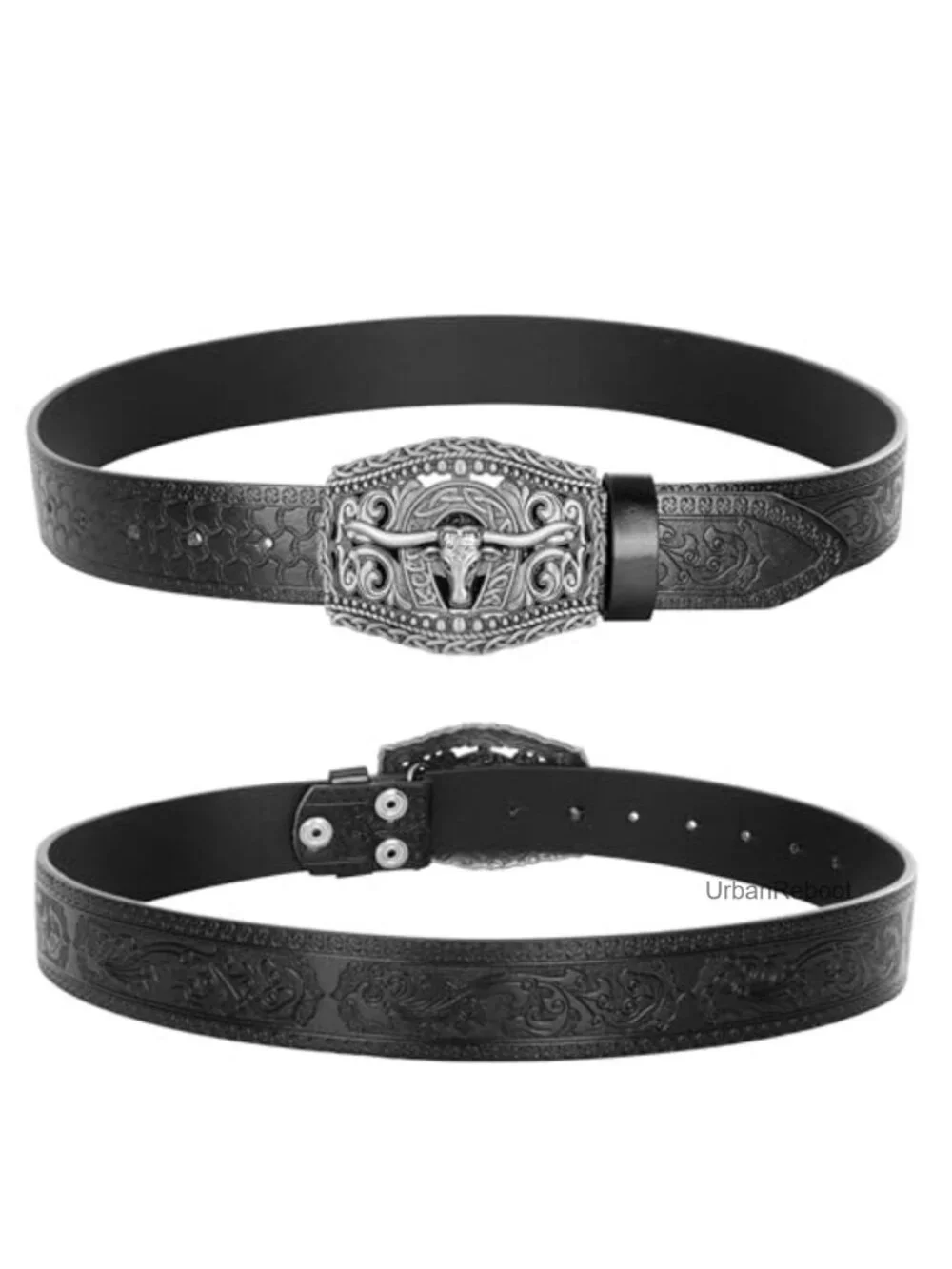 Western Cowboy PU Leather Belt Floral Engraved Buckle
